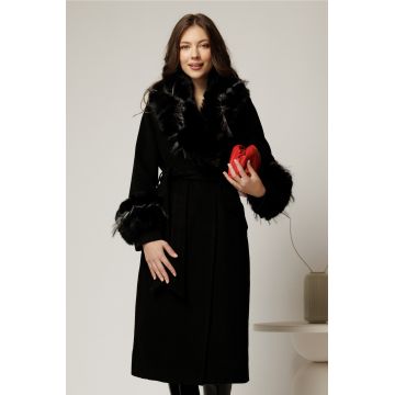 Palton negru midi cu blanita la maneci si cordon in talie
