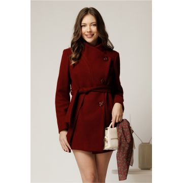 Palton scurt bordo din stofa cu nasturi si cordon