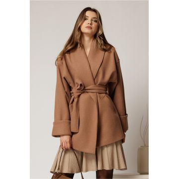 Palton scurt cappuccino oversized cu cordon in talie