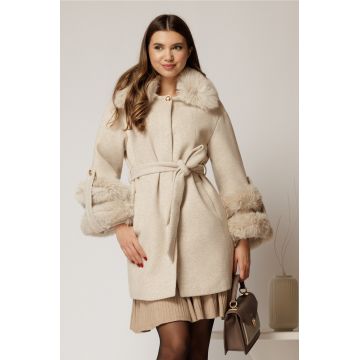 Palton scurt ivoar cu blanita detasabila la guler si maneci