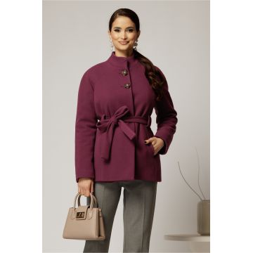 Palton scurt mov din stofa groasa cu cordon in talie