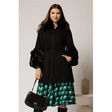 Palton scurt negru cu blanita detasabila la guler si maneci