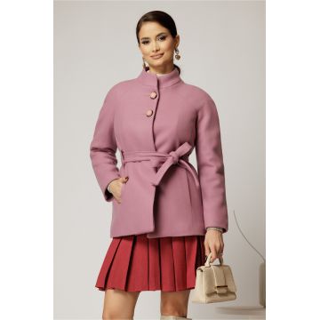 Palton scurt roze din stofa groasa cu cordon in talie