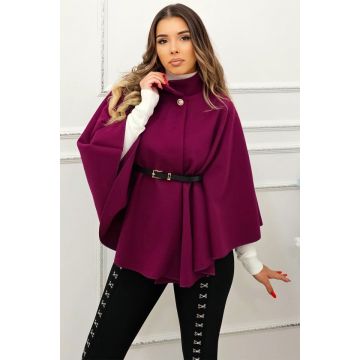 Palton tip poncho Amalia, curea inclusa si croi evazat, Mov