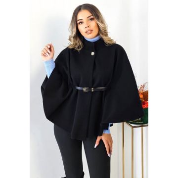 Pelerina stofă Amalia, cu butoni si guler inalt, Negru