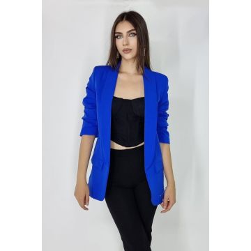 Sacou casual Alessia, cu revere rotunde si buzunare decorative, Albastru, Marime S/M