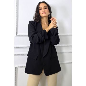 Sacou casual Alessia, cu revere rotunde si buzunare decorative, Negru, Marime S/M