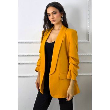 Sacou casual Alessia, cu revere si buzunare decorative, Galben Mustar, Marime S/M