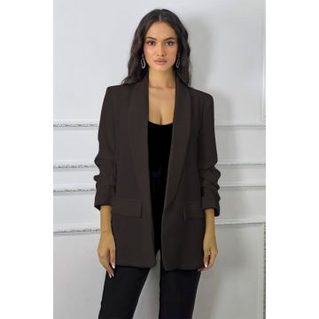 Sacou cu maneca incretita Alessia si buzunare decorative, Maro inchis, Marime S/M