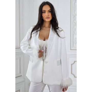 Sacou de ocazie Simone, cu paiete si pene strut, ALB