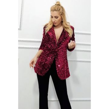 Sacou elegant de dama Hermina, cu paiete si prindere in nasture, Rosu, Marime S/M