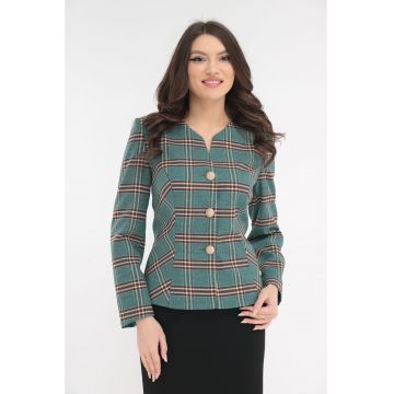 Sacou office turcoaz cu model in carouri maro