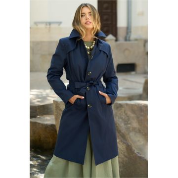 Trench bleumarin de toamna cu buzunare si cordon in talie