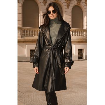 Trench din piele ecologica cu buzunare si cordon in talie