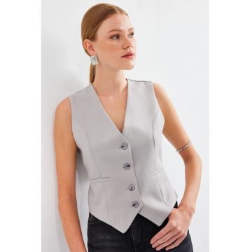 Vesta  cambrata - gri - textil - cu nasturi si decolteu in V