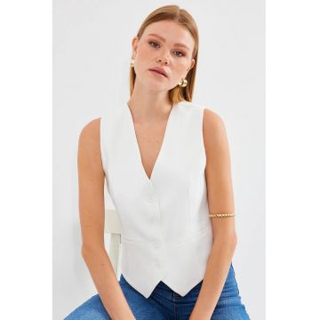 Vesta  cu nasturi - decolteu in V - buzunar - crem ivoire - textil