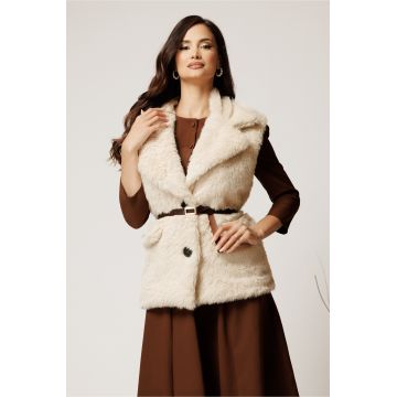 Vesta din blana ivory cu rever si curea in talie