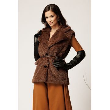 Vesta din blana maro cu rever si curea in talie