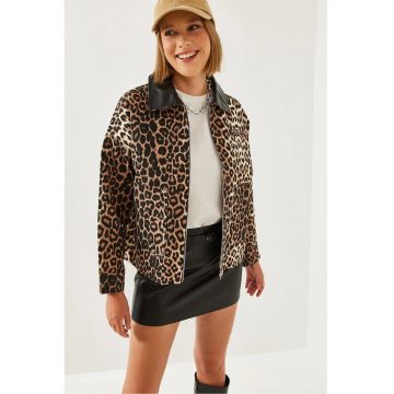 Geaca dama -  piele ecologica - imprimeu leopard - multicolor