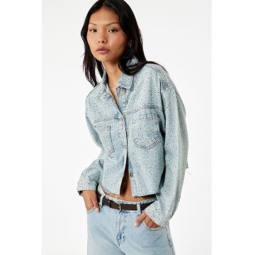 Jacheta crop din denim cu strasuri