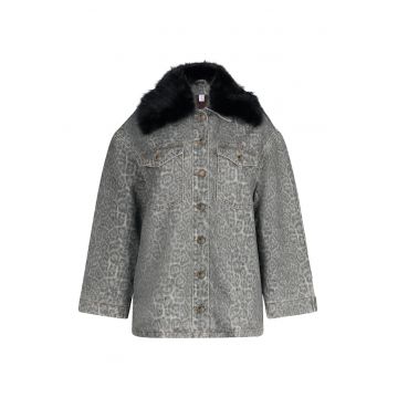 Jacheta din denim cu guler din blana sintetica si model