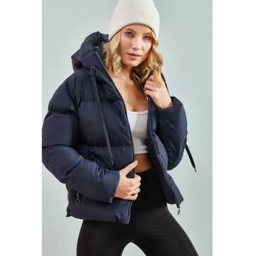 Palton dama  cu gluga - captusit - bleumarin - bumbac -