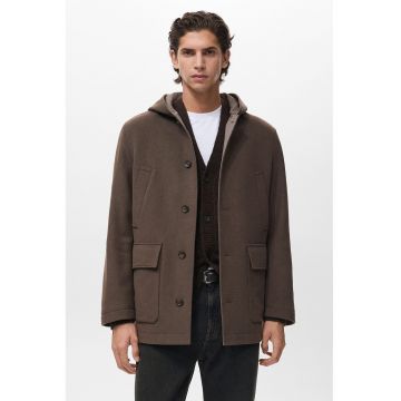 Palton din amestec de lana cu gluga