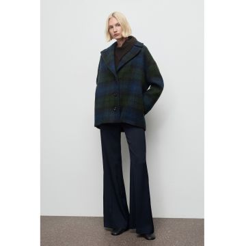 Palton scurti supradimensionat din amestec de lana cu model in carouri - Albastru ultramarin - verde militar inchis -