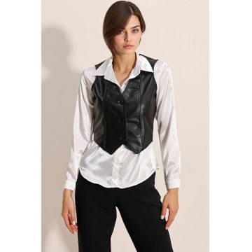 Vesta  din piele ecologica - decolteu in V - neagra - fara maneci