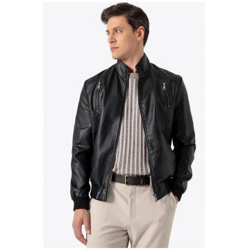 Geaca barbati -  piele ecologica - cu mansete - neagra
