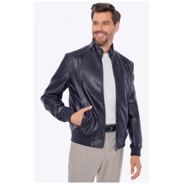 Geaca bomber barbati -  piele ecologica - bleumarin - cu mansete elastice - doua buzunare cu fermoar