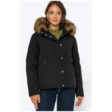 Geaca dama  gluga din blana - neagra - poliester