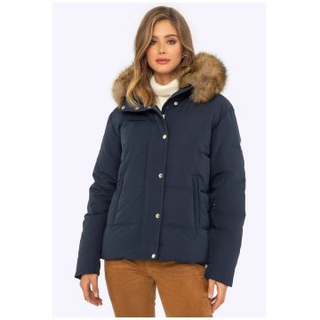 Geaca de puf dama -  gluga detasabila - poliester - bleumarin