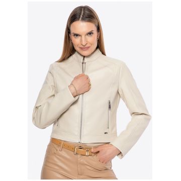 Geaca din piele ecologica  cu detalii metalice - bej - pentru femei