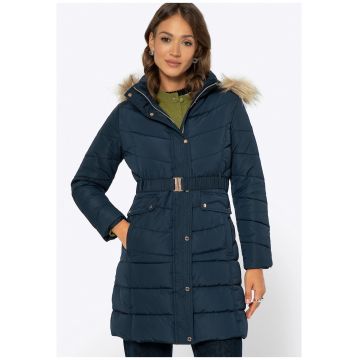 Geaca matlasata cu gluga -  poliester - bleumarin - curea ajustabila