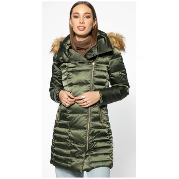Geaca matlasata dama  asimetrica - cu gluga detasabila - verde - nylon