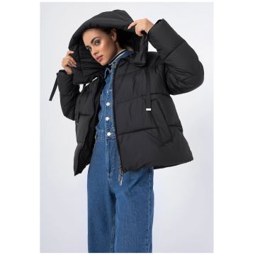 Geaca matlasata dama  supradimensionata - cu gluga - neagra - poliester