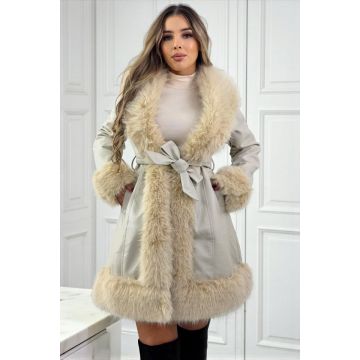 Geaca piele ecologica CARMELL, cu cordon si interior imblanit, Crem