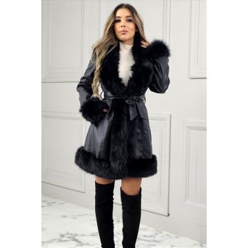 Geaca piele ecologica CARMELL, cu cordon si interior imblanit, Negru