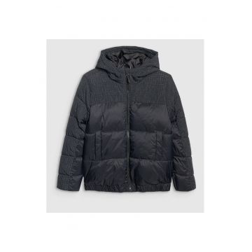 Geaca Puf Negru Intens Baieti Junior  Matlasata - Croiala Regulara - Hidrofoba - Gluga Integrata - Marime 158 - Sportstyle - Sezon Toamna-Iarna