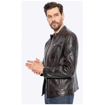 Jacheta barbateasca  biker - piele naturala - maro inchis
