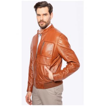 Jacheta barbateasca  din piele naturala - maro deschis - cu buzunare dreptunghiulare