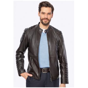 Jacheta barbateasca  piele de oaie - cusaturi - maro inchis - piele naturala