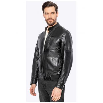 Jacheta barbati -  piele naturala - buzunare dreptunghiulare - neagra