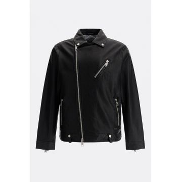 Jacheta biker de piele cu buzunare cu fermoar