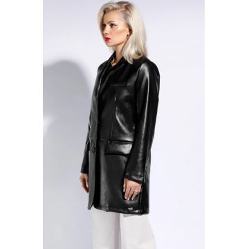 Jacheta lunga dama -  piele ecologica - croiala lejera - neagra