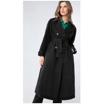 Palton dama  denim - negru - cu curea - doua randuri de nasturi - fara captuseala