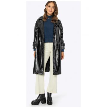 Palton dama  dublu cu curea reglabila - negru - piele ecologica