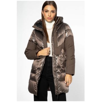 Palton dama  gluga - bej - nylon - umplutura puf