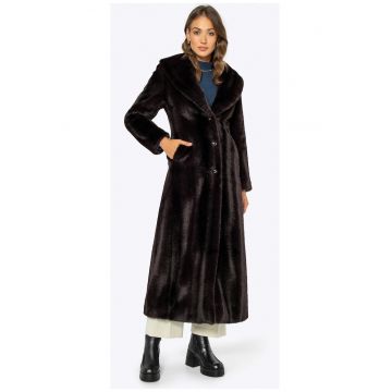 Palton dama  lung - blana artificiala - maro - poliester